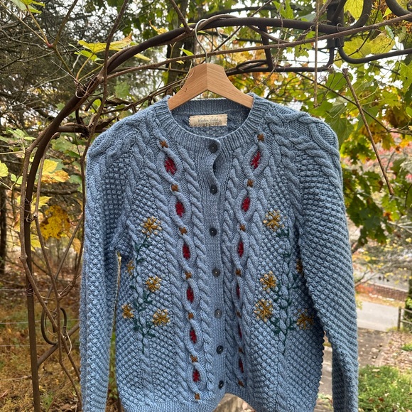 Blue Cable Knit Embroidered Cardigan Sweater - Picture 4 of 11